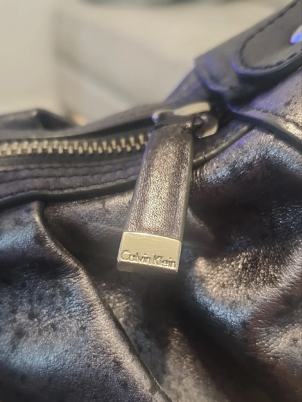 Calvin Klein Black Metallic Gathered Leather Hobo Wristlet